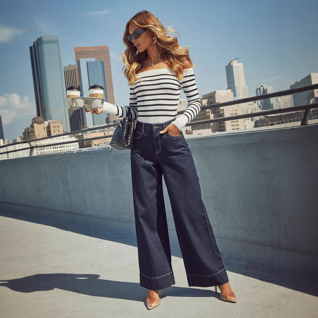 Damen Weit geschnittene Jeanshose mit hohem Bund und eleganter Naht Stalluxe