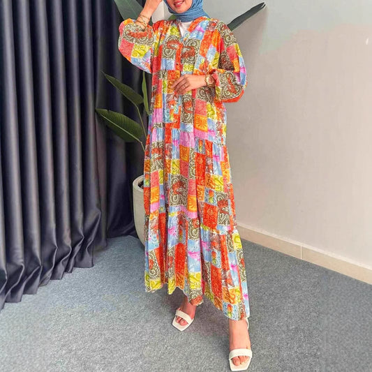 Damen Maxikleid im Boho-Stil mit buntem Patchwork-Design und weiten Ärmeln Stalluxe
