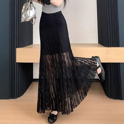 Damen Eleganter Maxi-Rock mit transparenter Spitze und Falten Stalluxe