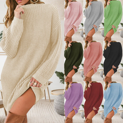 Damen Oversized Strickkleid mit hohem Kragen und seitlichem Schlitz Stalluxe