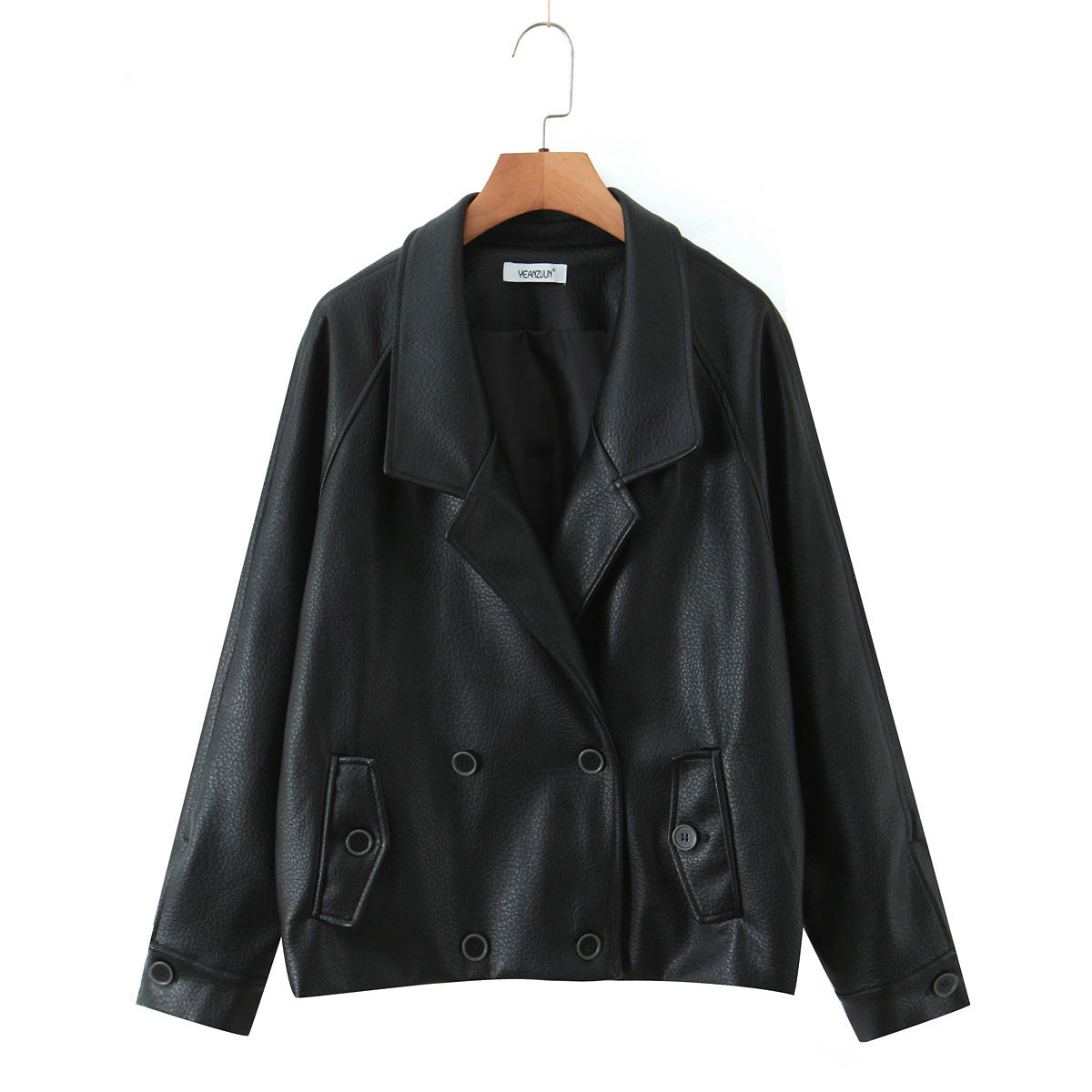 Damen modische Kunstlederjacke mit doppelter Knopfleiste und großem Revers Stalluxe