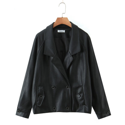 Damen modische Kunstlederjacke mit doppelter Knopfleiste und großem Revers Stalluxe