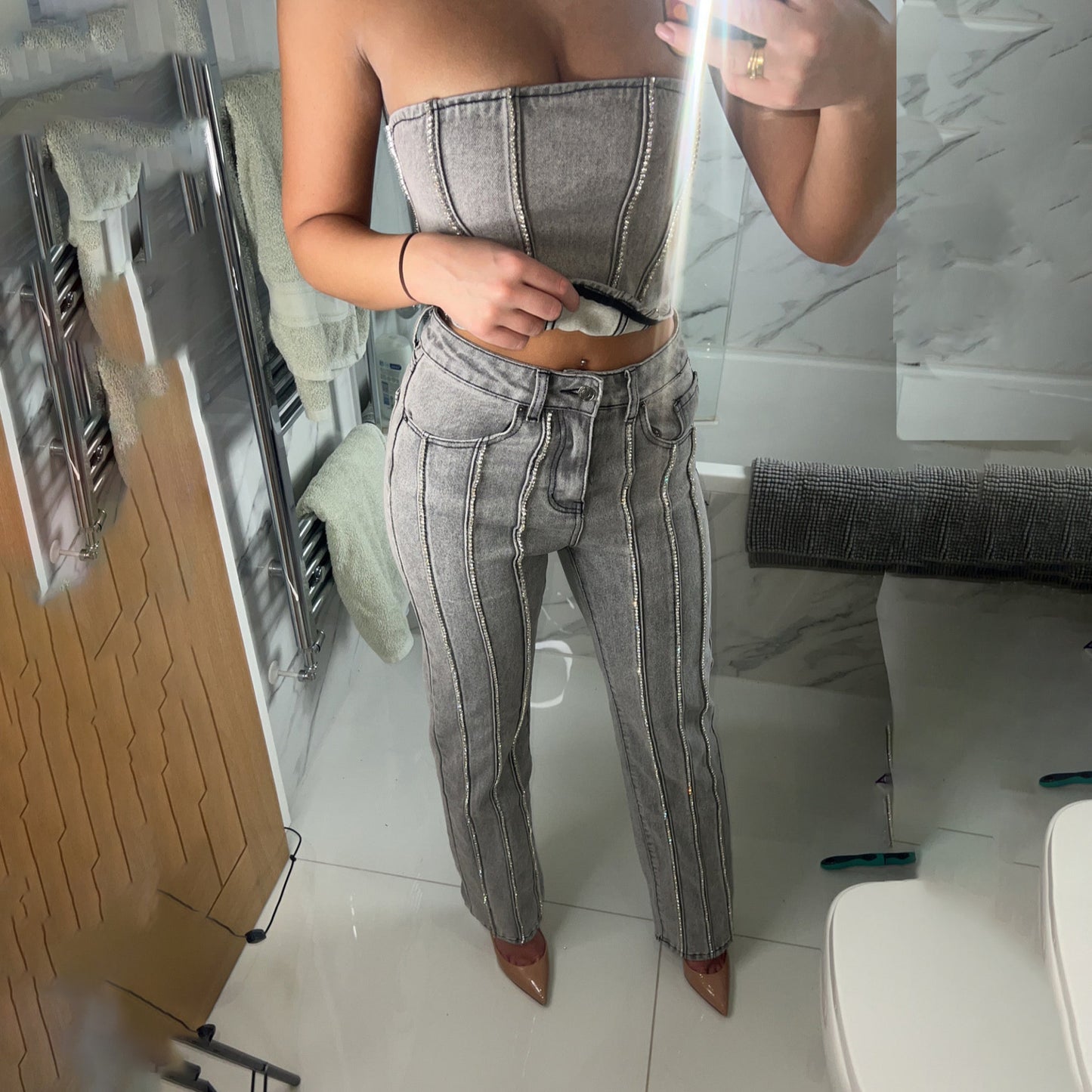 Damen Glamouröse Jeans mit funkelnden Applikationen Stalluxe