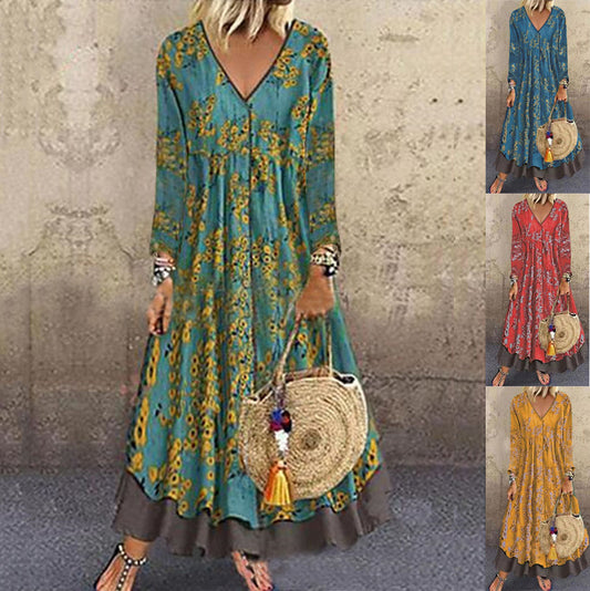 Damen Maxikleid mit V-Ausschnitt und langen Ärmeln Stalluxe