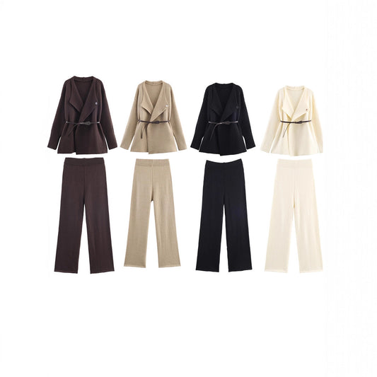 Damen modisches Strickjacken- und Hosenensemble mit elegantem Gürtel Stalluxe