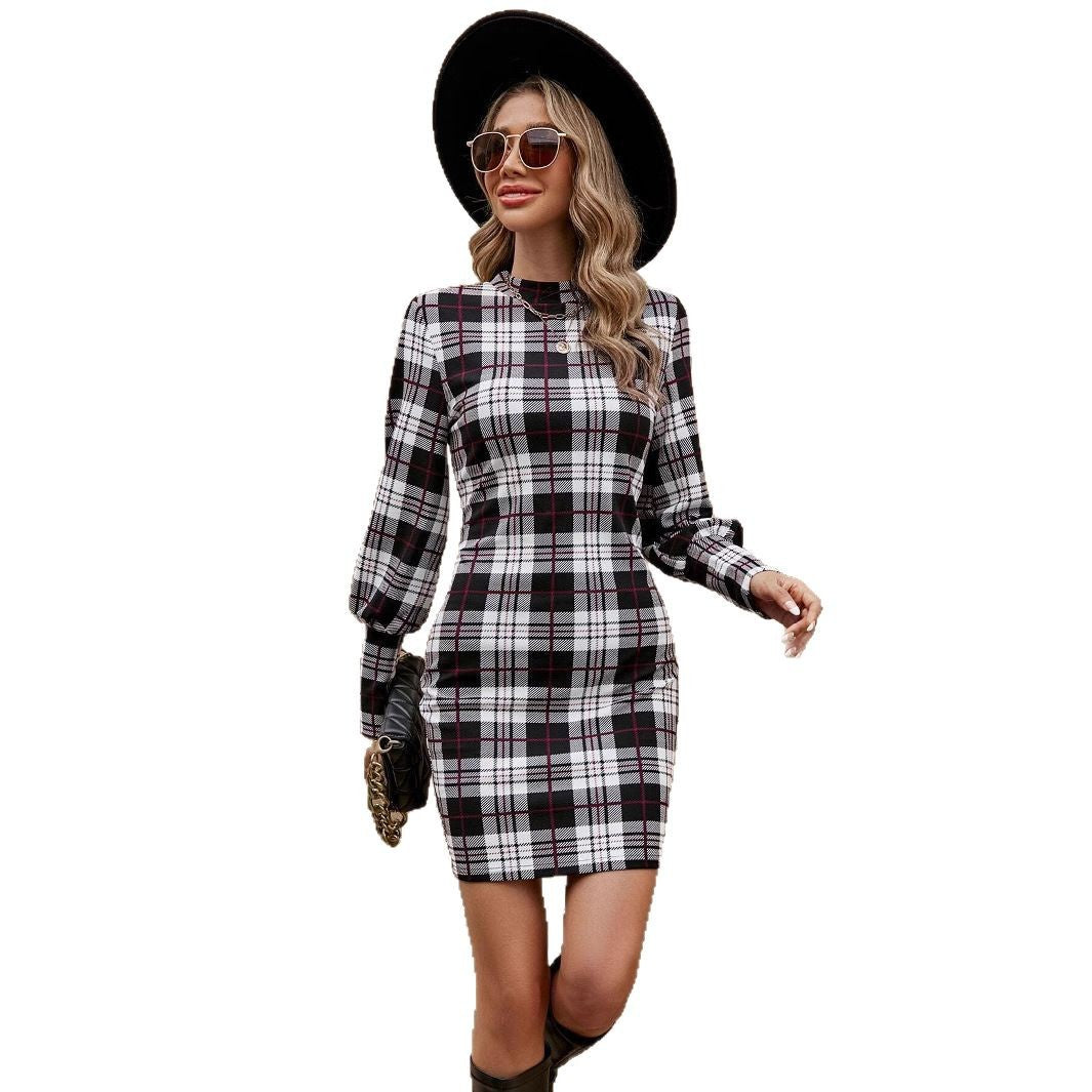 Damen Karokleid mit eleganter Gürtelakzentuierung und Puffärmeln Stalluxe