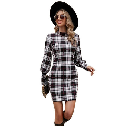 Damen Karokleid mit eleganter Gürtelakzentuierung und Puffärmeln Stalluxe