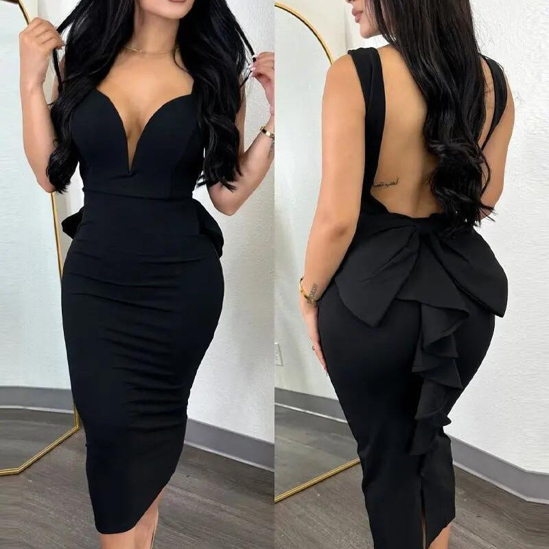 Damen figurbetontes Midikleid mit tiefem V-Ausschnitt und peplum Saum Stalluxe