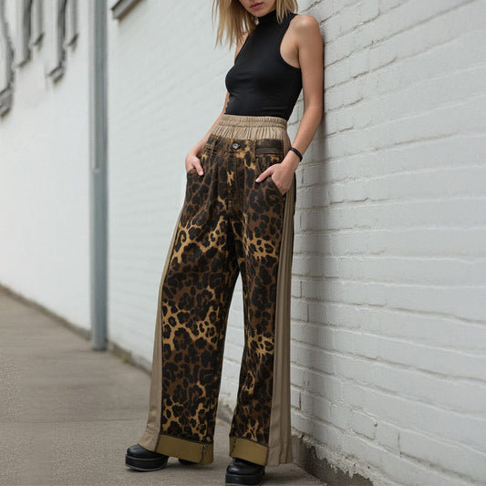 Damen Weite Hose mit Leo-Muster und elastischem Bund Stalluxe