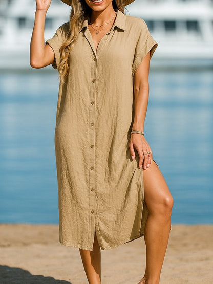 Damen lässiges Hemdblusenkleid mit seitlichem Schlitz und Knopfdetails Stalluxe