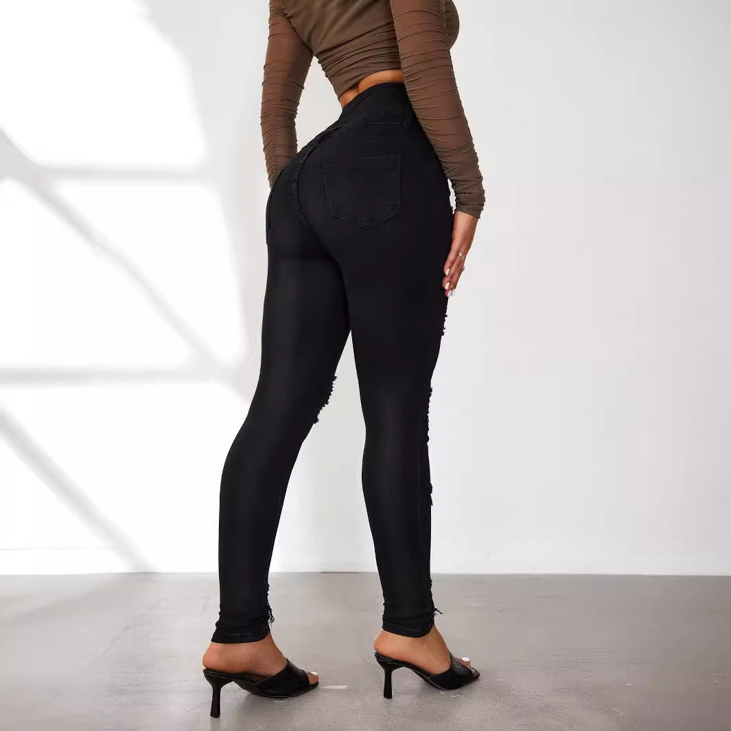 Damen High-Waist Jeans mit modischen Riss- und Knopfdetails Stalluxe