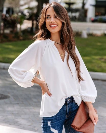 Damen Bluse mit tiefem V-Ausschnitt und eleganten Puffärmeln Stalluxe