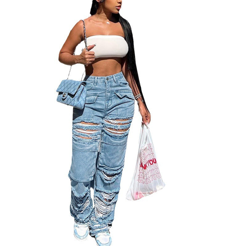 Damen Cargo-Jeans mit ausgefallenem Destroyed-Design und praktischen Taschen Stalluxe