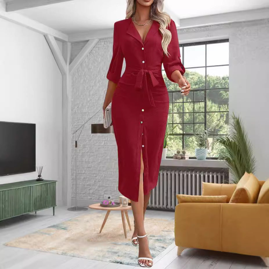 Damen Elegantes Midi-Kleid mit Gürtel und Knopfdetail Stalluxe