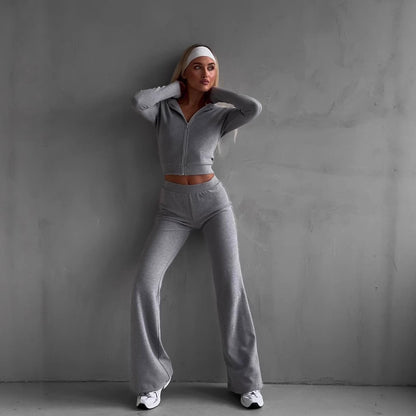 Damen lässiger Fitnesstraininganzug mit Reißverschluss und weiten Beinen Stalluxe