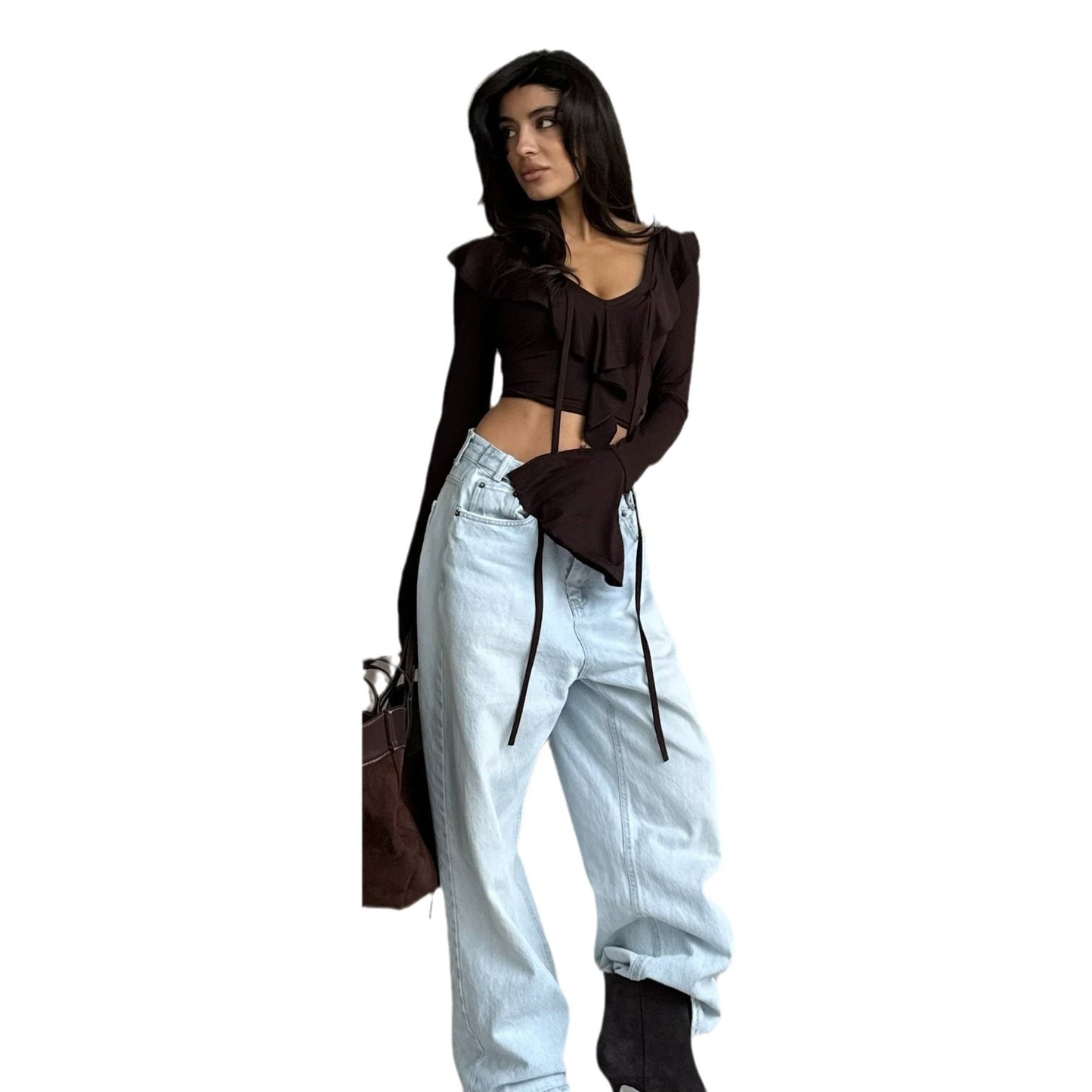 Damen Langarmbluse mit Rüschen und tiefem V-Ausschnitt Stalluxe