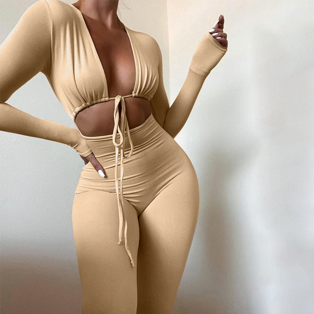 Damen figurbetonter Jumpsuit mit tiefem V-Ausschnitt und eleganten langen Ärmeln Stalluxe