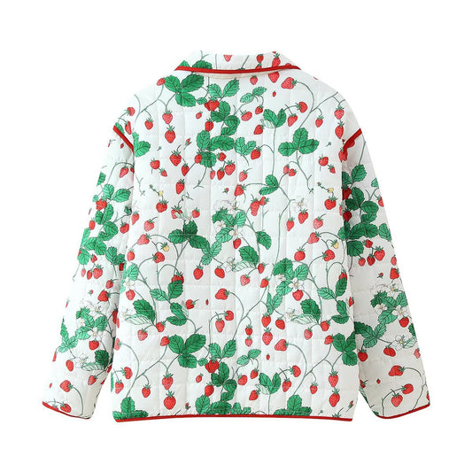 Damen modische Steppjacke mit Erdbeermuster und großen Taschen Stalluxe