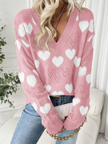 Damen kuscheliger Pullover mit herzförmigem Muster und V-Ausschnitt Stalluxe