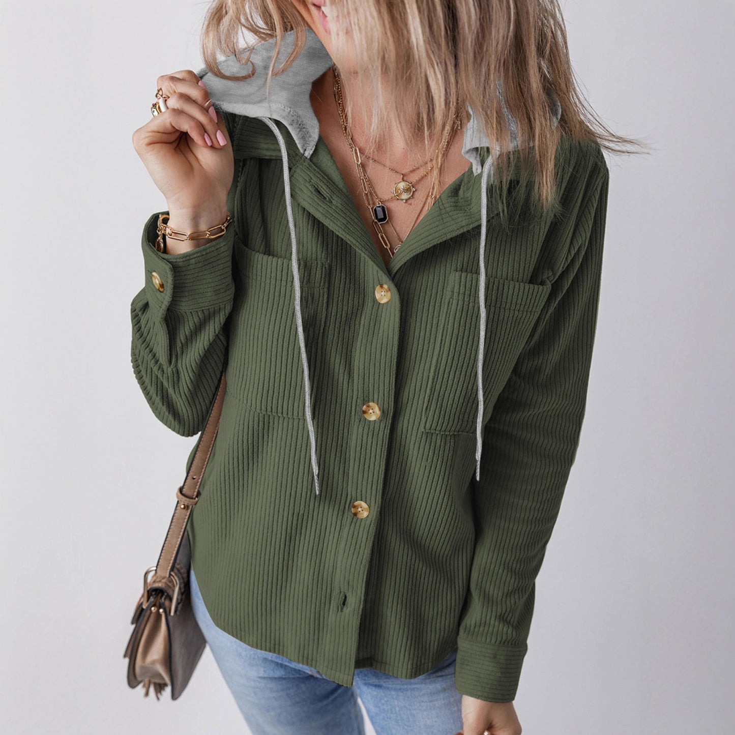 Damen Cargo-Hemdjacke mit Kapuze und modischem Rippstrickdesign Stalluxe