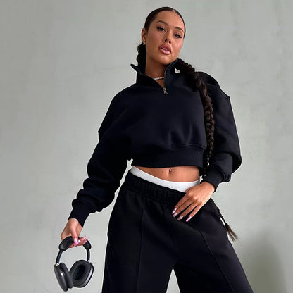 Damen sportliches Crop-Pullover-Set mit hohem Kragen und elastischem Bund Stalluxe