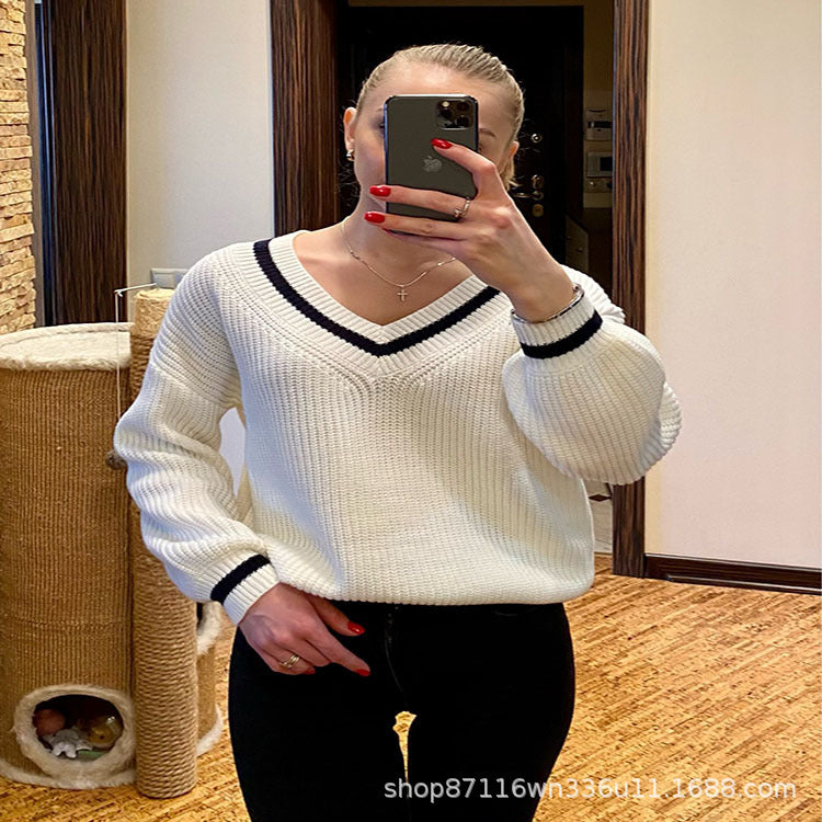 Damen Oversized Strickpullover mit V-Ausschnitt und gestreiften Ärmeln Stalluxe