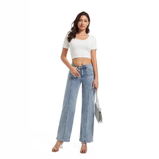 Damen weite High-Waist Jeans mit Bindegürtel und modischen Nahtdetails Stalluxe