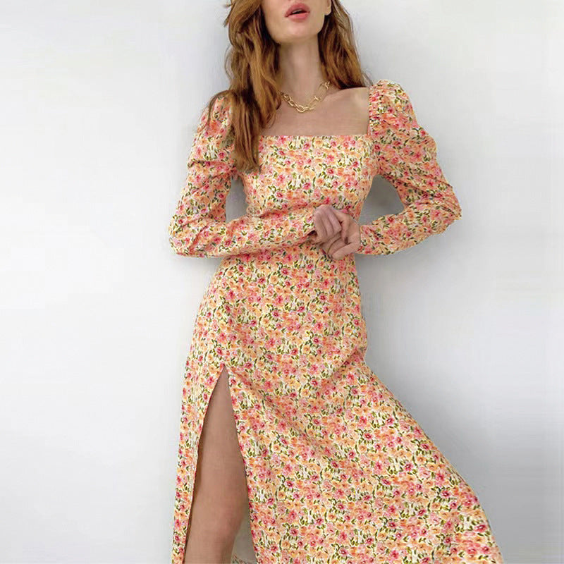 Damen Blütendes Maxikleid mit asymmetrischem Schlitz und Puffärmeln Stalluxe