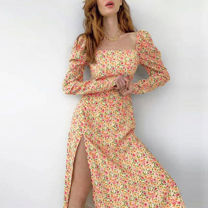 Damen Blütendes Maxikleid mit asymmetrischem Schlitz und Puffärmeln Stalluxe