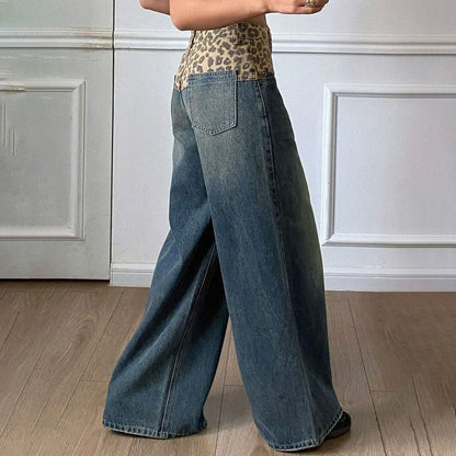 Damen Weit geschnittene Jeans mit Leopard-Hochbund Stalluxe