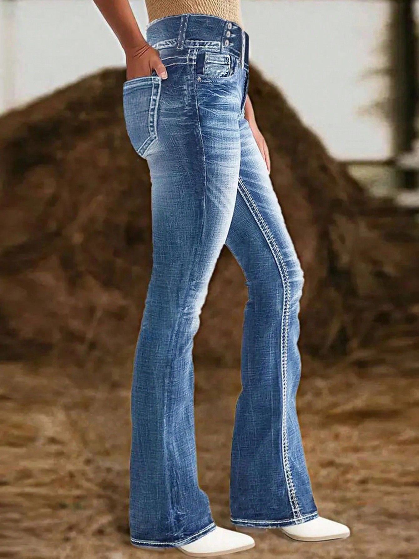Damen Bootcut-Jeans mit hohem Bund und Taschen Stalluxe