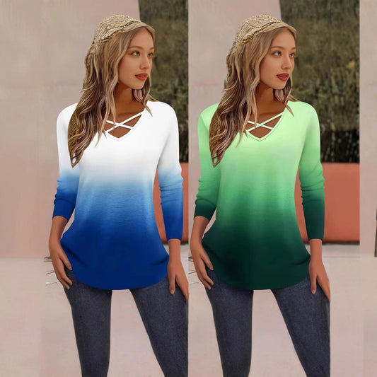 Damen Langarmshirt mit V-Ausschnitt und Farbverlauf Stalluxe