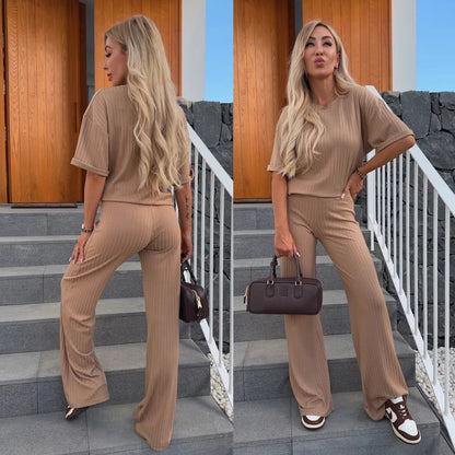 Damen elegantes, rippstrukturiertes Lounge-Set mit weitem Schnitt und kurzen Ärmeln Stalluxe
