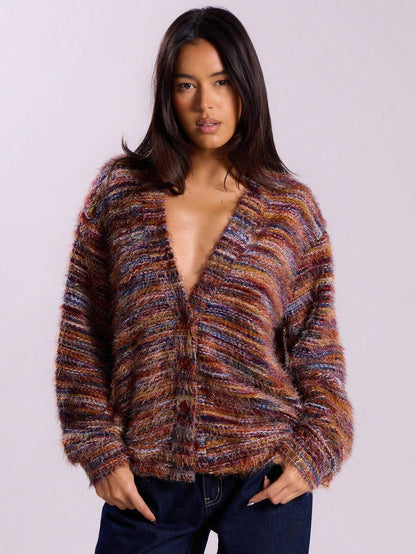 Damen Flauschige Strickjacke mit tiefem V-Ausschnitt und weitem Schnitt Stalluxe