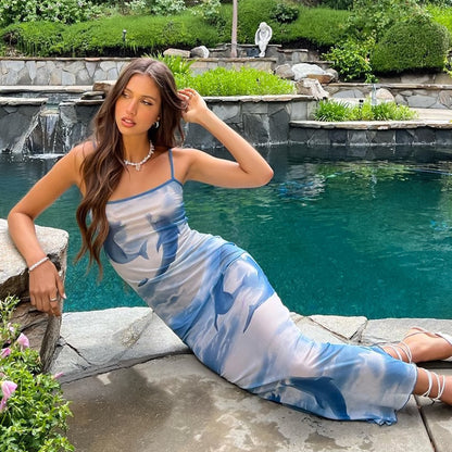 Damen Spaghetti-Träger Maxikleid mit elegantem Wasserfarben-Design Stalluxe