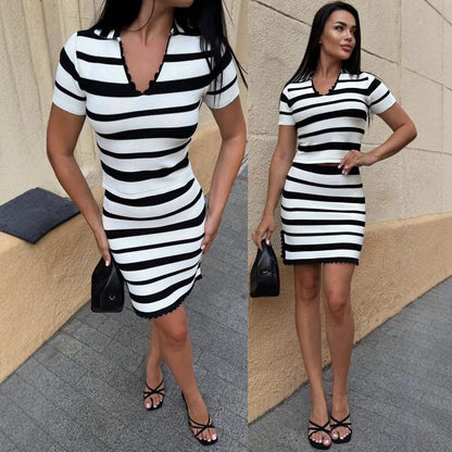 Damen Streifen Kleid mit kurzem Ärmel und Rippstruktur Stalluxe
