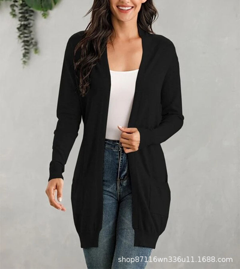 Damen Lange Strickjacke mit offenen Front und praktischen Taschen Stalluxe Schwarz