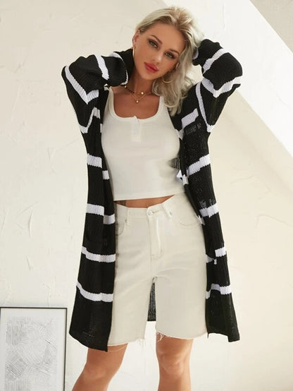 Damen Langer Strickcardigan mit Streifenmuster und offenem Design Stalluxe