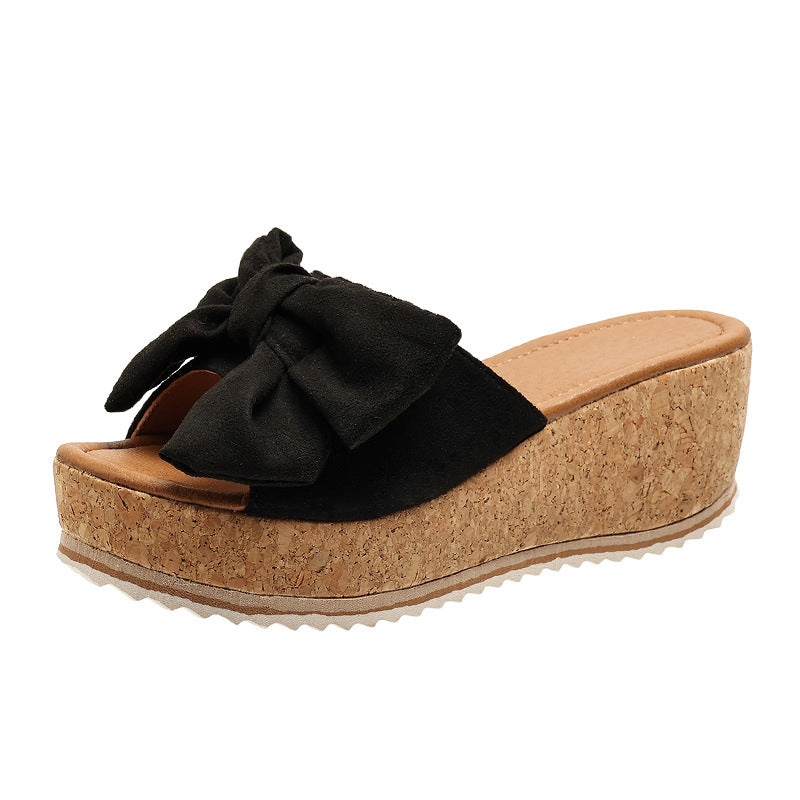 Damen Wedge-Pantoletten mit dekorativem Schleifen-Detail und Kork-Sohlen Stalluxe