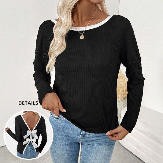 Damen Langarmshirt mit tiefem V-Ausschnitt und Schleifenverzierung Stalluxe