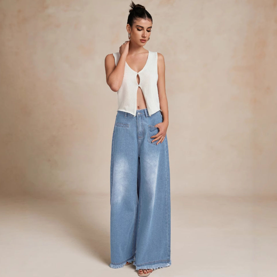 Damen Weite Denim-Hose mit Fransensaum und hohem Bund Stalluxe