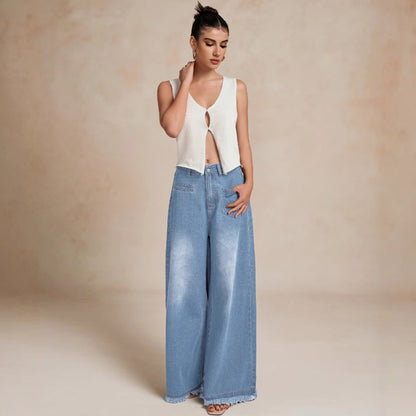Damen Weite Denim-Hose mit Fransensaum und hohem Bund Stalluxe