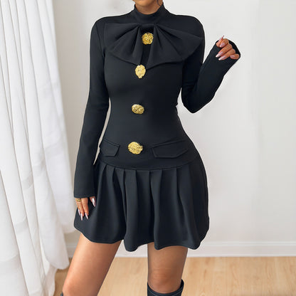 Damen elegantes Minikleid mit hochstehendem Kragen und dekorativen Knöpfen Stalluxe