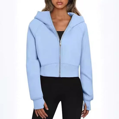 Damen Cropped Sweatjacke mit Reißverschluss und Kapuze Stalluxe