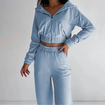 Damen modischer Velours-Cropped-Hoodie und weite Sporthose Set Stalluxe