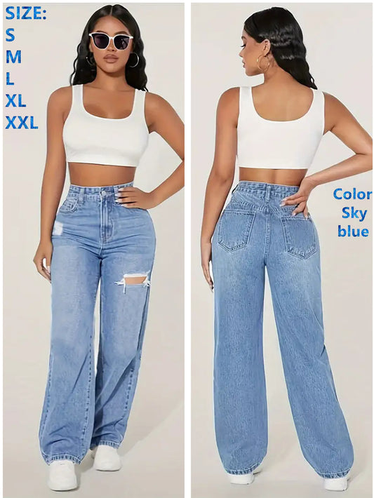 Damen weite Jeans mit modischen Rissdetails und hohem Bund Stalluxe