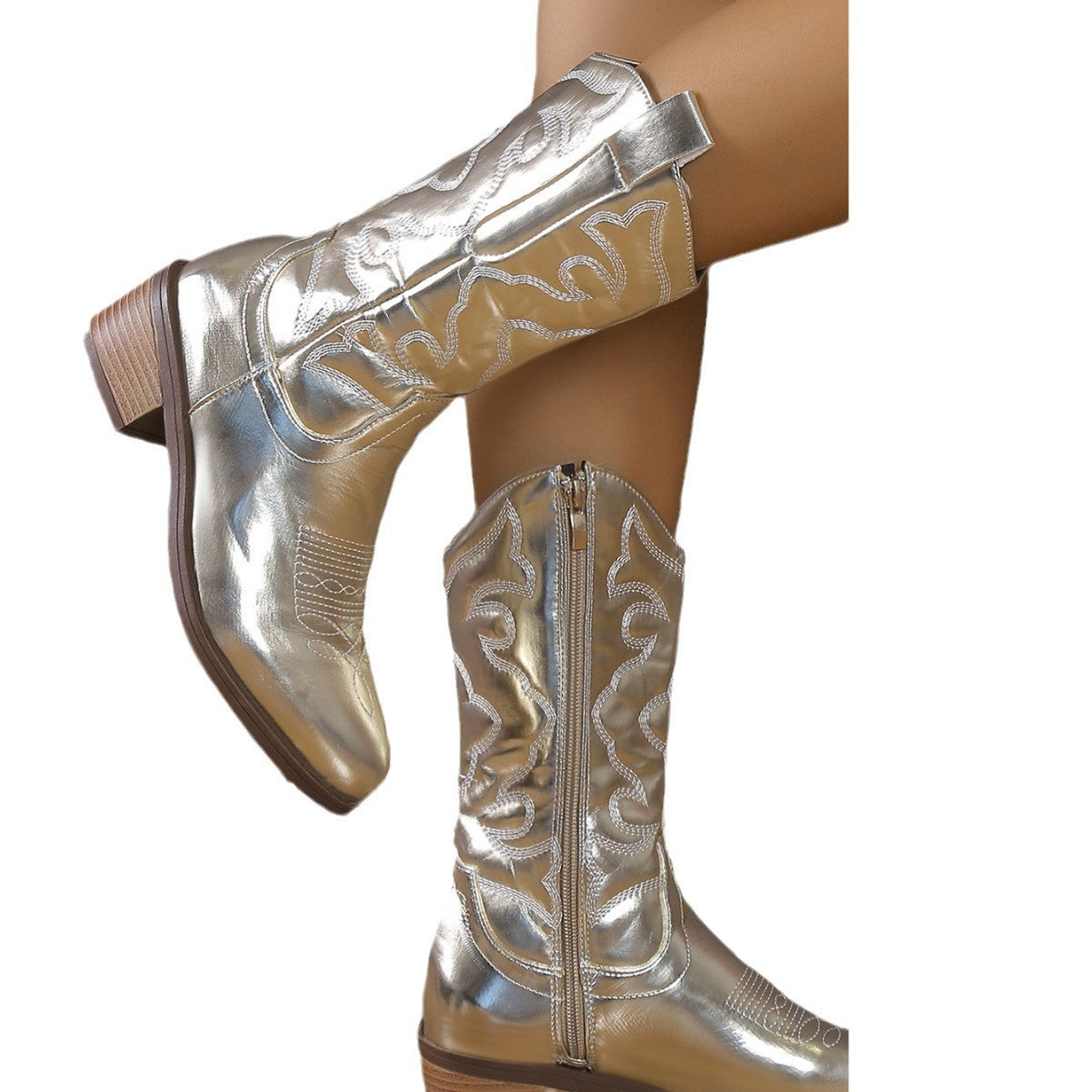 Damen Cowgirl-Stiefel mit filigranem Stickdesign und moderner metallic Oberfläche Stalluxe