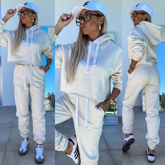 Damen bequemer Cropped Hoodie mit elastischem Bund und lässiger Jogginghose Set Stalluxe