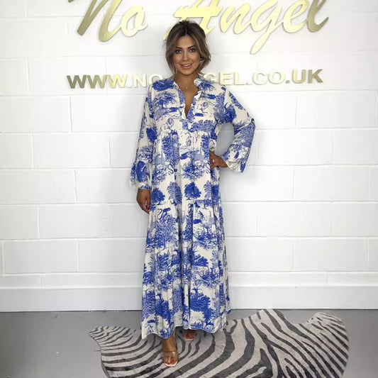 Damen lässiges Maxikleid mit dekorativem Print und langem Ärmel Stalluxe