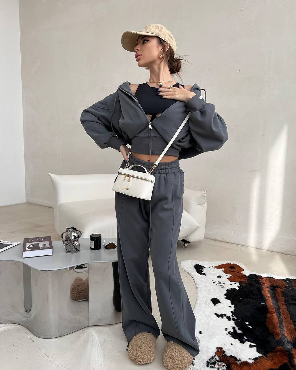 Damen sportliches Cropped-Set mit Reißverschluss und bequemen weiten Hosen Stalluxe